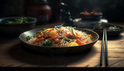 Healthy meal of steamed vegetables and pork on wooden plate generated by AI