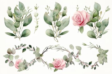 set of Watercolor floral frame border with pink rose - obrazy, fototapety, plakaty