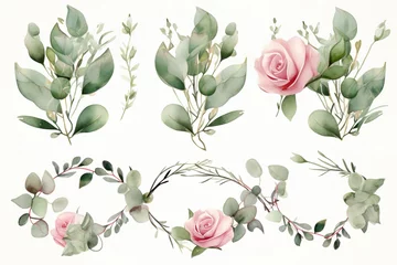 Poster set of Watercolor floral frame border with pink rose © GenerativeBackground