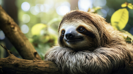 Naklejka premium Sloth relaxing in tree head portrait bokeh - Generative AI
