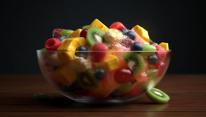 Fresh fruit salad bowl with a variety of juicy berries generated by AI