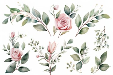 set of Watercolor floral frame border with pink rose - obrazy, fototapety, plakaty