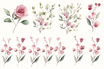 Fotobehang set of Watercolor floral frame border with pink rose © GenerativeBackground