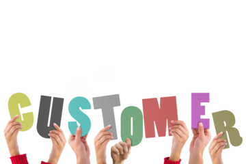 Digital png illustration of hands holding customer text with copy space on transparent background