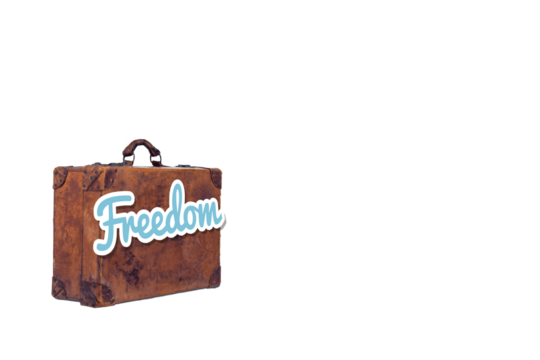 Digital png illustration of suitcase with freedom text and copy space on transparent background