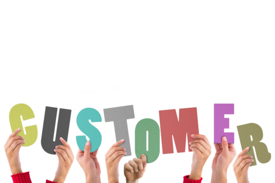 Digital png illustration of hands holding customer text with copy space on transparent background