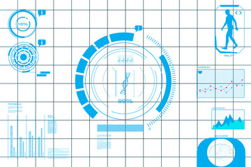 Digital png illustration of science data processing and scope scanning on transparent background