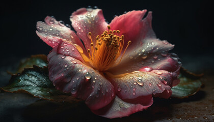 Vibrant bouquet of tropical flowers, dew drops glistening in sunlight generated by AI