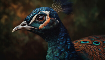 Obraz premium Vibrant peacock portrait showcases elegance and beauty in nature generated by AI
