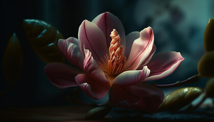Fresh pink lotus blossom in tranquil pond, underwater elegance generated by AI