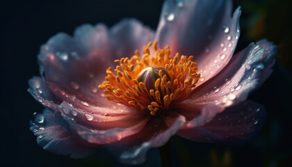 Single flower blossom, wet with dew, reflecting natural beauty generated by AI