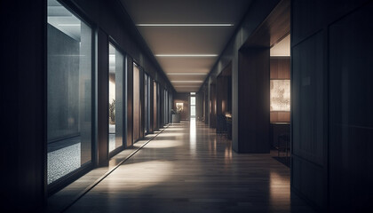 Modern office corridor with bright lighting and futuristic glass reflection generated by AI