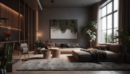 Modern luxury apartment with comfortable sofa and elegant decor generated by AI