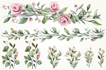 set of Watercolor floral frame border with pink rose