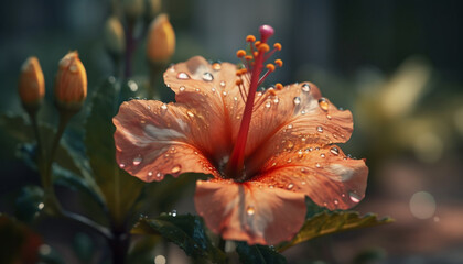 Obraz na płótnie Canvas Vibrant hibiscus blossom in wet garden, adorned with raindrop dew generated by AI