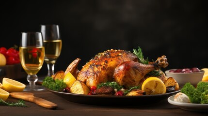 Happy Thanksgiving with Roasted Chicken, Traditional Food for Celebrating Turkey Christmas Dinner. Generative Ai