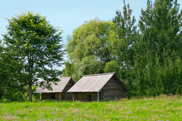 Old wooden houses in the forest. Wooden architecture.