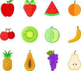 set of fruits and berries illustration, summer fruit collection, flat design