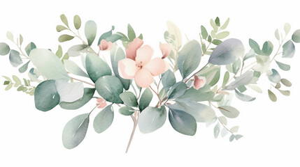 Watercolor floral bouquet branches with green pink blush leaves, for wedding invitations, greetings, wallpapers, fashion, prints. Eucalyptus, olive green leaves., Generative AI.