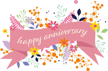 Digital png illustration of flowers with happy anniversary text on transparent background
