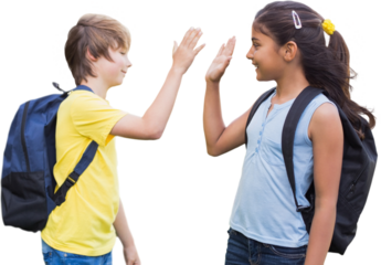 Digital png photo of diverse schoolchildren high fiving on transparent background