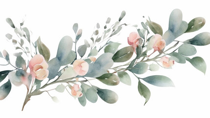 Watercolor floral bouquet branches with green pink blush leaves, for wedding invitations, greetings, wallpapers, fashion, prints. Eucalyptus, olive green leaves., Generative AI.