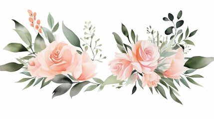 Watercolor floral bouquet set - green leaves, pink peach blush white flowers branches. Wedding invitations, greetings, wallpapers, fashion, prints. Eucalyptus, olive, peony, rose, Generative AI.