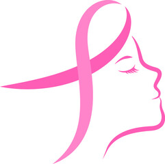 Pink ribbon on woman face icon design. Breast cancer awareness month. Design for poster, banner, t-shirt. Vector illustration.