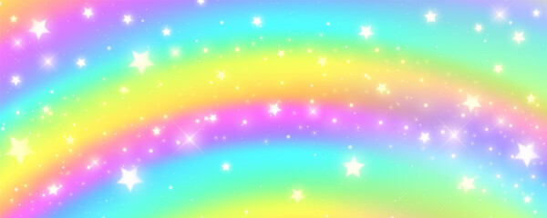 Rainbow gradient background with stars. Abstract spectrum color texture. Neon holographic backdrop with blend effect. Vector unicorn wallpaper © Chorna_L