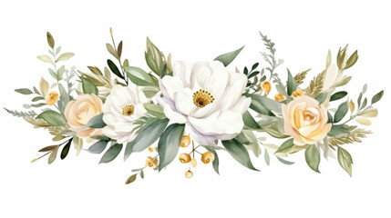 Watercolor floral set - bouquets, frame, border. White flowers, rose, peony, gold green leaf branches collection. Wedding invites, wallpapers, fashion. olive leaves chamomile, Generative AI.