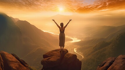 A woman on top of the mountain with arms open to a welcoming new day with sunrise success. Successful women have attained peaks of personal growth and development. Generative Ai