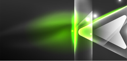 Neon speed arrow and line shapes background. Hi-tech concept with shiny backdrop. Bright flare light effect in the dark