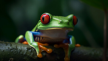 Red eyed tree frog sitting on wet leaf in tropical rainforest generated by AI
