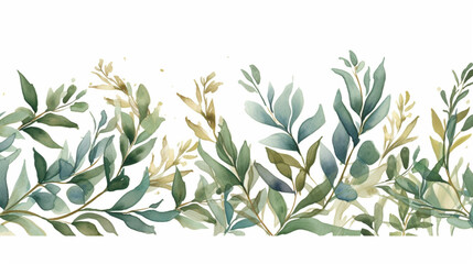 Watercolor seamless border - illustration with green gold leaves and branches, for wedding stationary, greetings, wallpapers, fashion, backgrounds, textures, DIY, wrappers, cards, Generative AI.