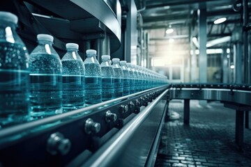 A belt or line in drinking water with modern automated industrial machine equipment, Bottling plant and drinking water plastic bottle in the factory. Generative Ai