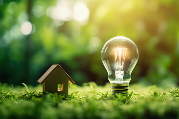 Energy saving and eco house concept. Small house and light bulb on green nature and sunlight background. Generative AI