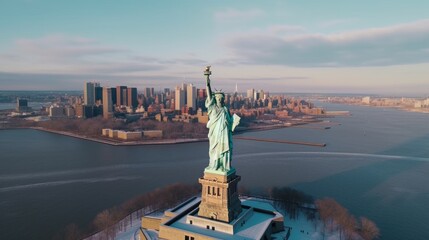 Aerial view of famous place Beautiful landmark the Statue of Liberty in new york USA . Generative Ai. - obrazy, fototapety, plakaty