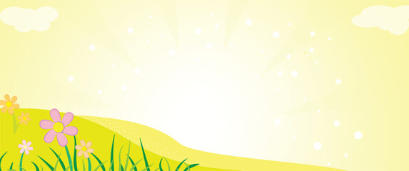 Vector Illustration of Spring or Summer Background Banner of a Sunny Day on a Field of Grass with Flowers Blooming
