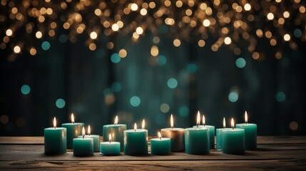 A blue background template with fairy lights and Christmas candles.