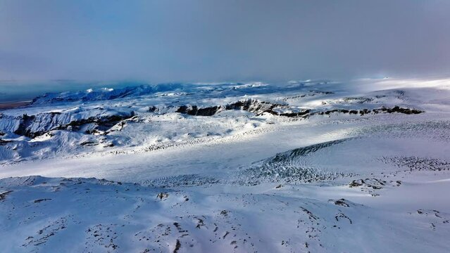 Aerial landscape view of Myrdalsjokull glacier covered in snow in Iceland, at dusk