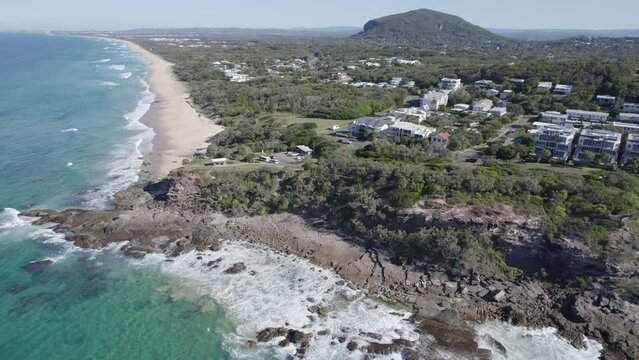 Point Arkwright Lookout And Picnic Area With Breathtaking Views In Sunshine Coast, Queensland, Australia. aerial sideways