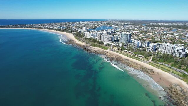 Mooloolaba Beach On A Sunny Summer Day In Queensland, Australia. aerial pan right