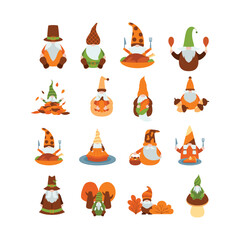 Thanksgiving gnomes illustration. Cute Cartoon fall gnomes isolated in white background.