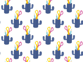 Seamless pattern of pencil, scissors in holder. Office organizer box, ceramic glass, stationery vase.