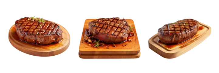 Tuinposter a wooden plate of beef steak grilled with sauce collection isolated on transparent background © degungpranasiwi