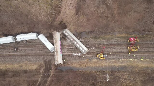 Train derail accident in Michigan, aerial top down view