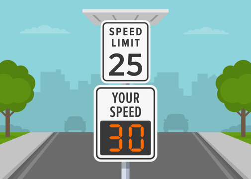 Close-up of speed limit and radar sign with solar panel. City road view. Flat vector illustration template.