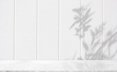 Concrete backgrounds and backdrops and white cement shelves display products. Empty studio interior and leaf shadows and the text background is empty