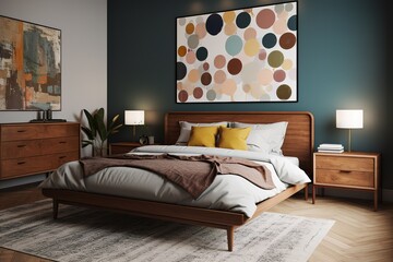 Patterned blanket on wooden bed in grey bedroom interior with plants and posters. Generative AI