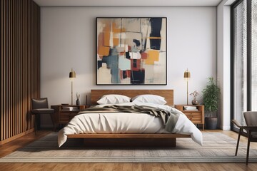 Patterned blanket on wooden bed in grey bedroom interior with plants and posters. Generative AI